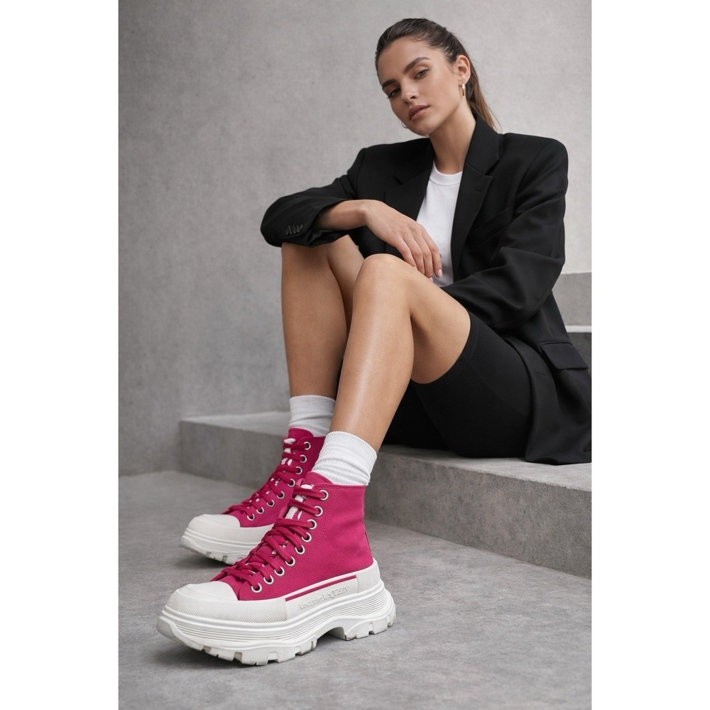 Alexander McQueen Tread Slick High Top‎ Sneakers Pink Canvas Chunky Platform